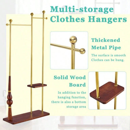 70 Tall Industrial Coat Rack Entryway, Solid Wood Stainless Steel Clothing Rack, Double Layer Hanger Coats, Hats, Bags, Scarves, Shoes Storage, Vintage Wood Grain Metal, Heavy Duty