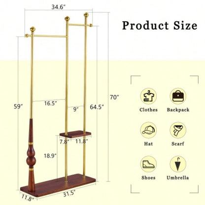 70 Tall Industrial Coat Rack Entryway, Solid Wood Stainless Steel Clothing Rack, Double Layer Hanger Coats, Hats, Bags, Scarves, Shoes Storage, Vintage Wood Grain Metal, Heavy Duty