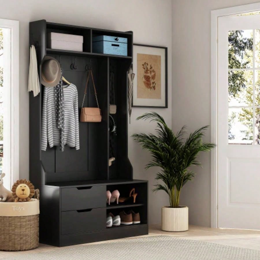 Hall Tree with 6 Hooks, Coat Hanger, Entryway, Storage, Entrance, Hallwa, black
