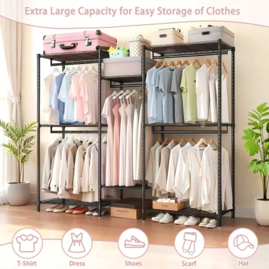 Heavy Duty Garment Rack, Freestanding Closet Organizer, Portable Wardrobe Clothes Rack, Adjustable Wire Shelving Clothes Rack with 8 Adjustable Wire Shelves and 5 Clothes Rails, Black