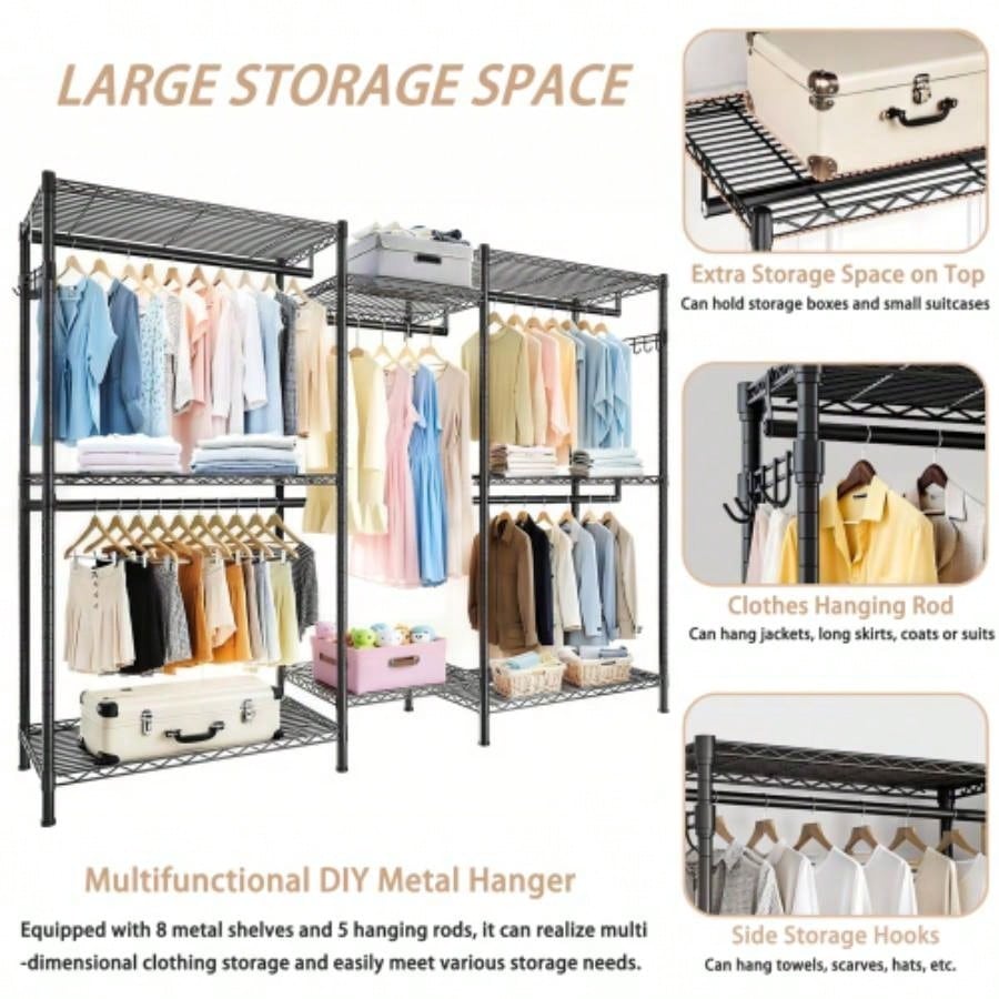 Heavy Duty Garment Rack, Freestanding Closet Organizer, Portable Wardrobe Clothes Rack, Adjustable Wire Shelving Clothes Rack with 8 Adjustable Wire Shelves and 5 Clothes Rails, Black