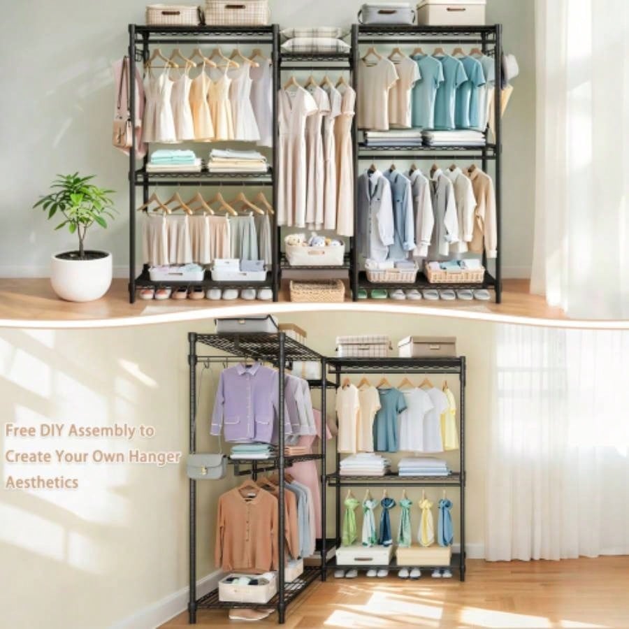 Heavy Duty Garment Rack, Freestanding Closet Organizer, Portable Wardrobe Clothes Rack, Adjustable Wire Shelving Clothes Rack with 8 Adjustable Wire Shelves and 5 Clothes Rails, Black