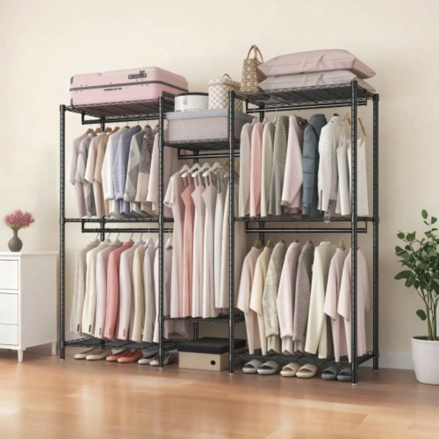 Heavy Duty Garment Rack, Freestanding Closet Organizer, Portable Wardrobe Clothes Rack, Adjustable Wire Shelving Clothes Rack with 8 Adjustable Wire Shelves and 5 Clothes Rails, Black
