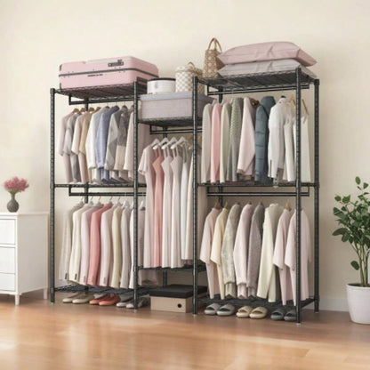 Heavy Duty Garment Rack, Freestanding Closet Organizer, Portable Wardrobe Clothes Rack, Adjustable Wire Shelving Clothes Rack with 8 Adjustable Wire Shelves and 5 Clothes Rails, Black
