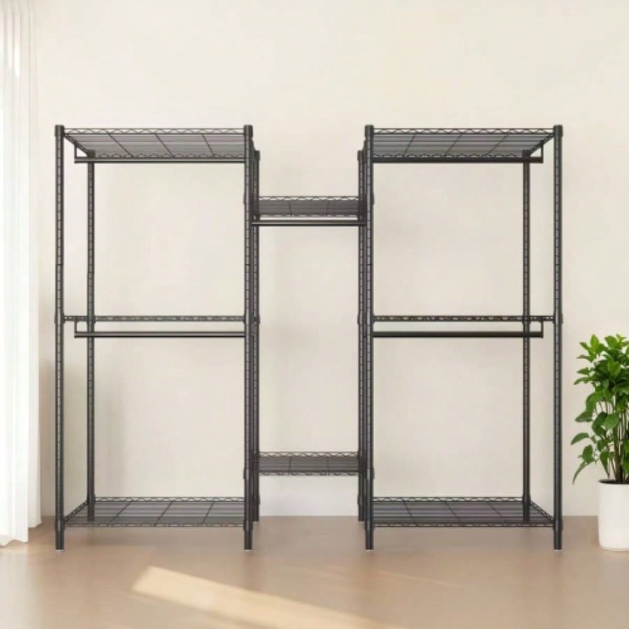 Heavy Duty Garment Rack, Freestanding Closet Organizer, Portable Wardrobe Clothes Rack, Adjustable Wire Shelving Clothes Rack with 8 Adjustable Wire Shelves and 5 Clothes Rails, Black