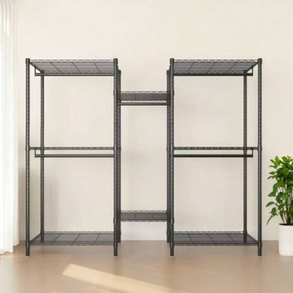 Heavy Duty Garment Rack, Freestanding Closet Organizer, Portable Wardrobe Clothes Rack, Adjustable Wire Shelving Clothes Rack with 8 Adjustable Wire Shelves and 5 Clothes Rails, Black