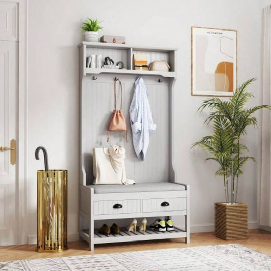 3 - in - 1 Hallway Hall Tree with 2 Storage Drawer and 4 Coat Rack, Wooden Entryway Shoe Rack with Padded Cushion, Mudroom with Top Storage Shelf