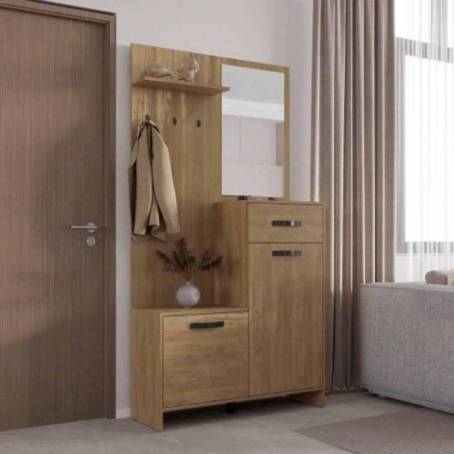 Hall Tree, 2 Doors, 1 Drawer, 1 Shelf, 1 Mirror