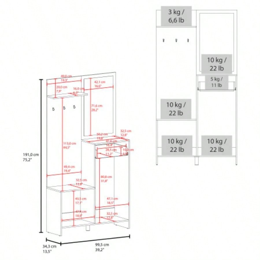 Hall Tree, 2 Doors, 1 Drawer, 1 Shelf, 1 Mirror
