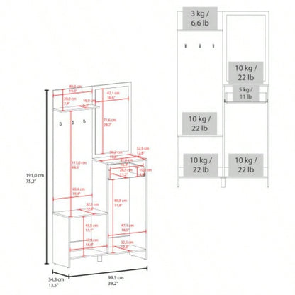Hall Tree, 2 Doors, 1 Drawer, 1 Shelf, 1 Mirror