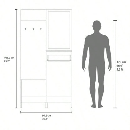 Hall Tree, 2 Doors, 1 Drawer, 1 Shelf, 1 Mirror