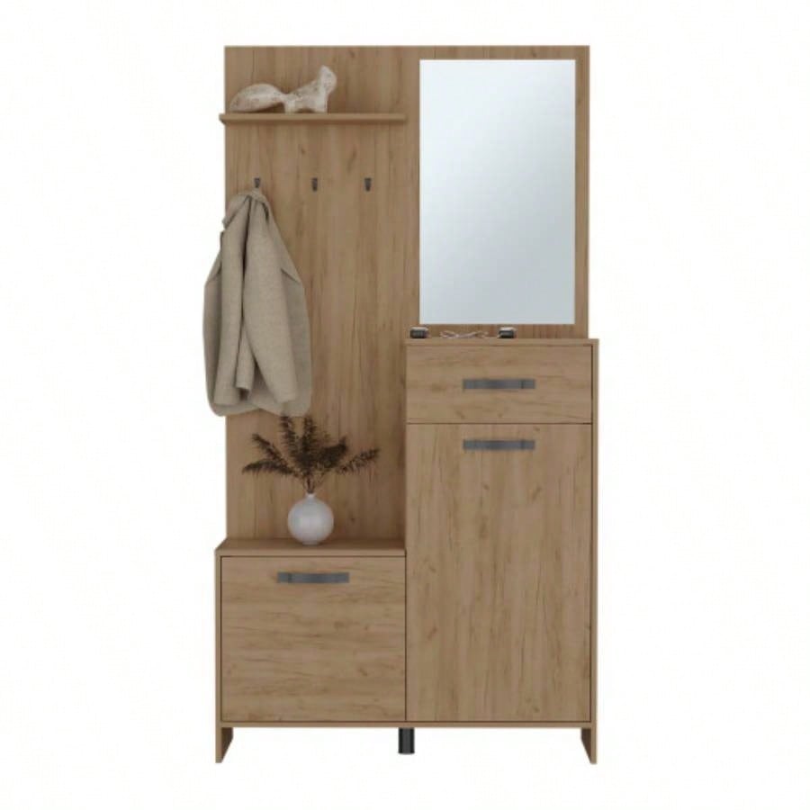 Hall Tree, 2 Doors, 1 Drawer, 1 Shelf, 1 Mirror