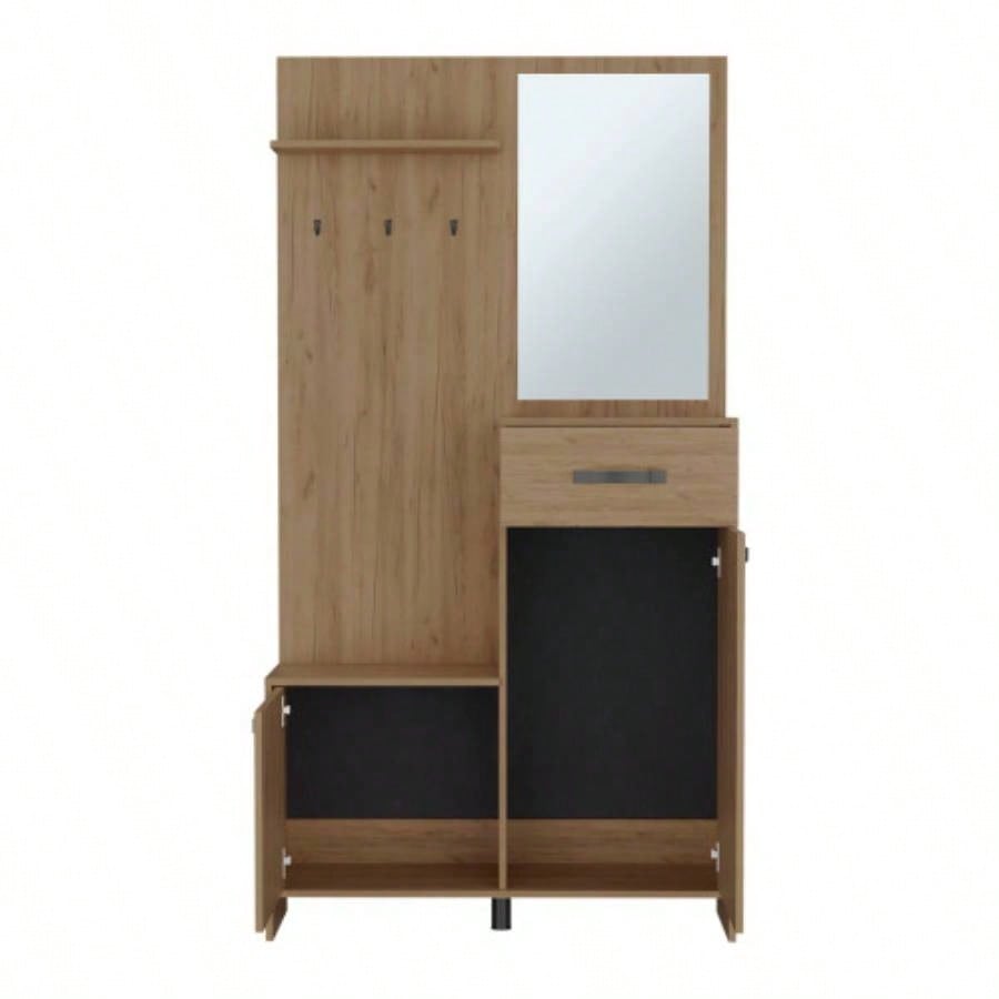 Hall Tree, 2 Doors, 1 Drawer, 1 Shelf, 1 Mirror