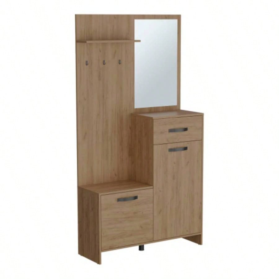Hall Tree, 2 Doors, 1 Drawer, 1 Shelf, 1 Mirror