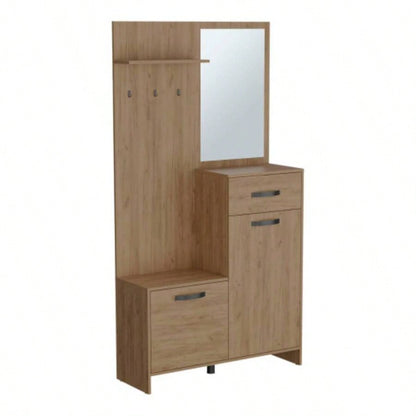 Hall Tree, 2 Doors, 1 Drawer, 1 Shelf, 1 Mirror