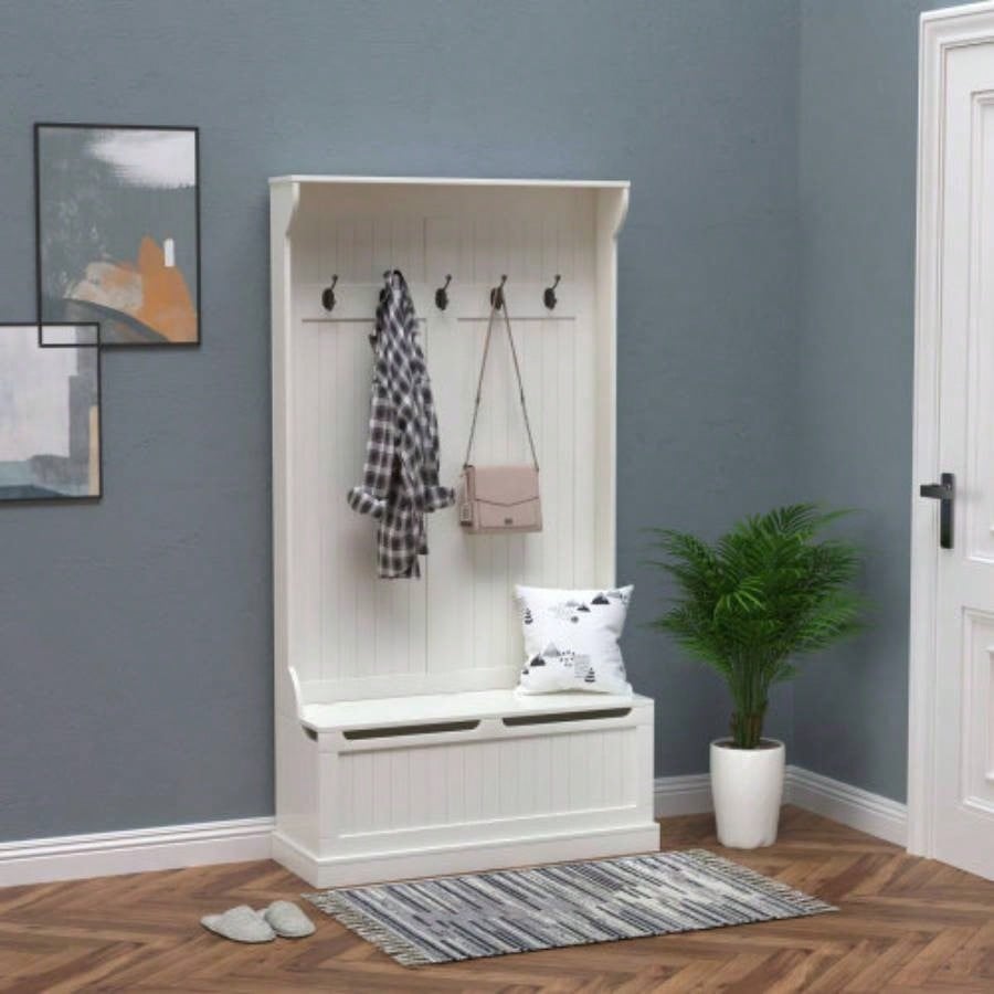 HOMCOM 38 3 - In - 1 Entryway Hall Tree with Storage, Coat Rack with Four Hooks and Shoe Storage, White