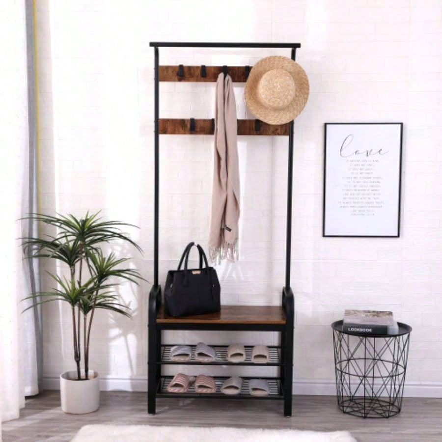 Coat Rack, Hall Tree with Shoe Entryway, Entryway with Coat Rack, 4 - in - 1, with 9 Removable Hooks, a Hanging Rod, 13.8x 25.2x 72.8 Inches, Rustic Brown and Black