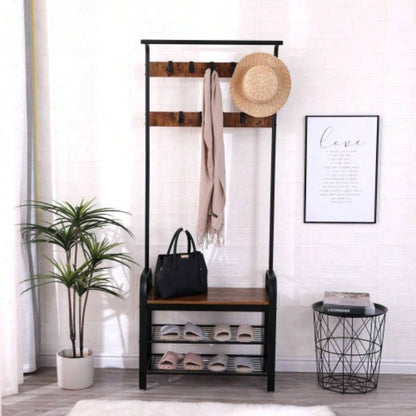 Coat Rack, Hall Tree with Shoe Entryway, Entryway with Coat Rack, 4 - in - 1, with 9 Removable Hooks, a Hanging Rod, 13.8x 25.2x 72.8 Inches, Rustic Brown and Black