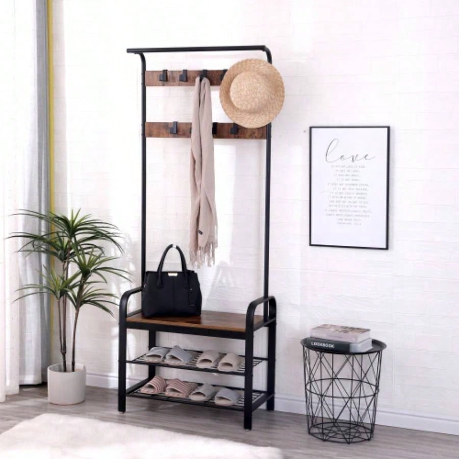 Coat Rack, Hall Tree with Shoe Entryway, Entryway with Coat Rack, 4 - in - 1, with 9 Removable Hooks, a Hanging Rod, 13.8x 25.2x 72.8 Inches, Rustic Brown and Black