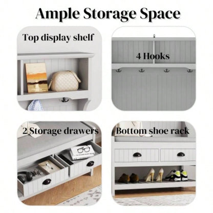 3 - in - 1 Hallway Hall Tree with 2 Storage Drawer and 4 Coat Rack, Wooden Entryway Shoe Rack with Padded Cushion, Mudroom with Top Storage Shelf