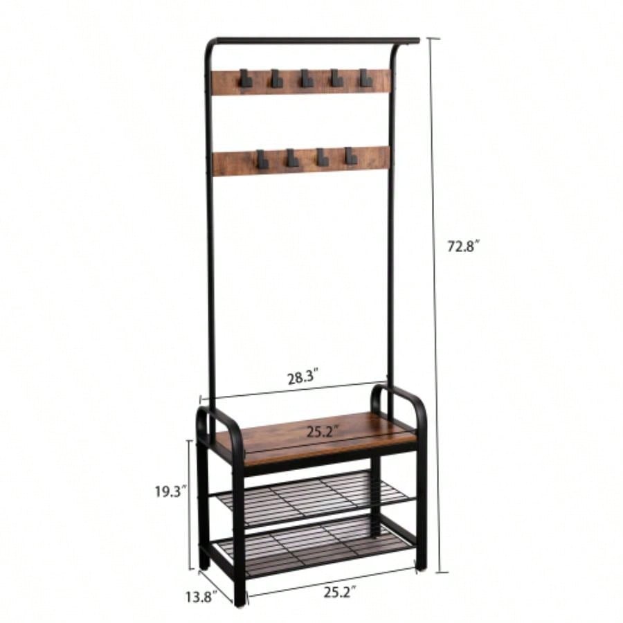 Coat Rack, Hall Tree with Shoe Entryway, Entryway with Coat Rack, 4 - in - 1, with 9 Removable Hooks, a Hanging Rod, 15x 28x 71 Inches, Rustic Brown and Black