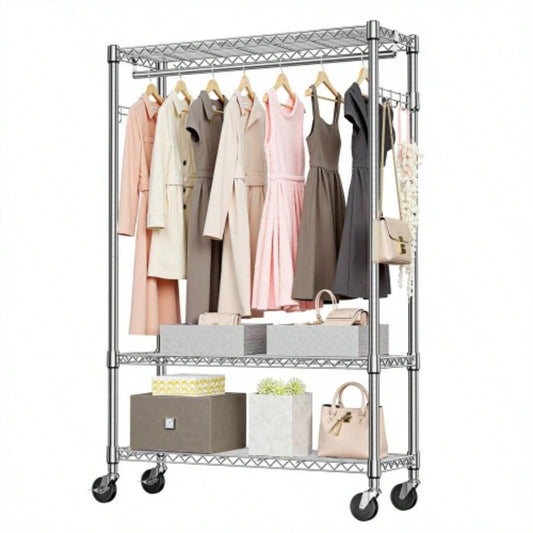 Heavy Duty Garment Rack on Wheels, Rolling Freestanding Closet Organizer and Clothes Rack Hanging Clothes with 1 Hang Rod, Adjustable Metal Wardrobe, 15. Dx 45.3x 75.6 H,