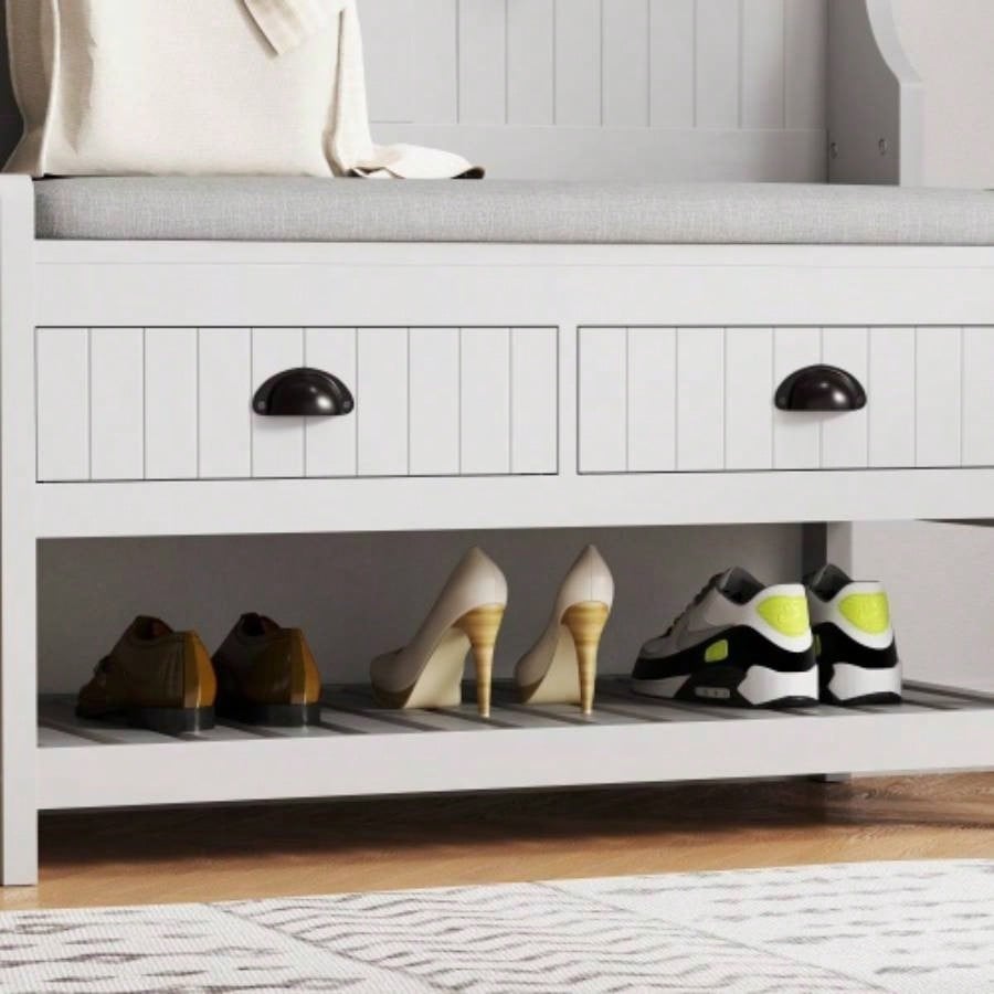 3 - in - 1 Hallway Hall Tree with 2 Storage Drawer and 4 Coat Rack, Wooden Entryway Shoe Rack with Padded Cushion, Mudroom with Top Storage Shelf