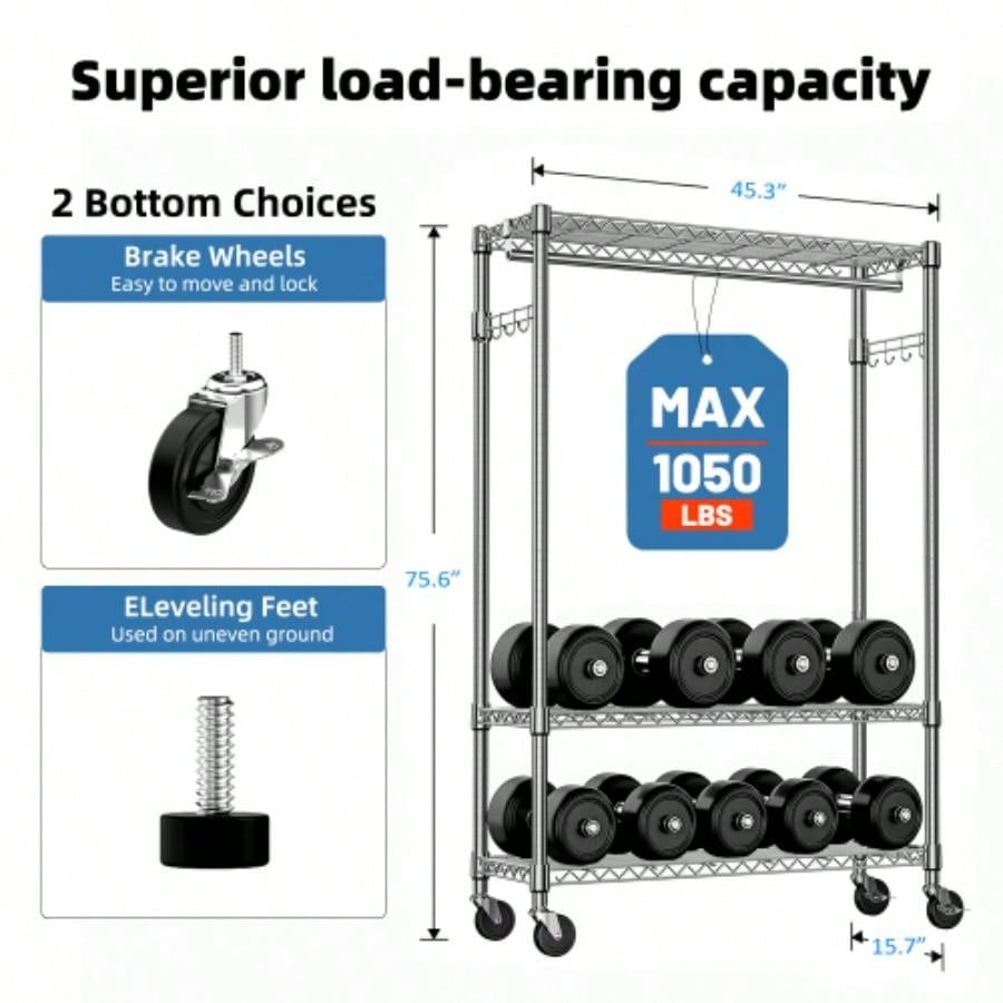 Heavy Duty Garment Rack on Wheels, Rolling Freestanding Closet Organizer and Clothes Rack Hanging Clothes with 1 Hang Rod, Adjustable Metal Wardrobe, 15. Dx 45.3x 75.6 H,