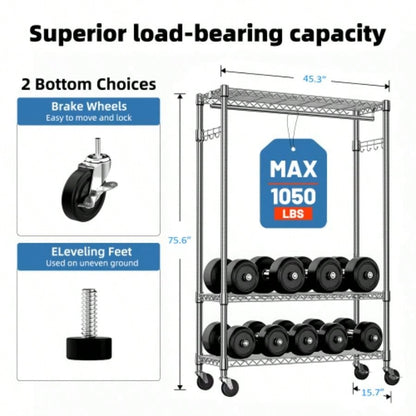 Heavy Duty Garment Rack on Wheels, Rolling Freestanding Closet Organizer and Clothes Rack Hanging Clothes with 1 Hang Rod, Adjustable Metal Wardrobe, 15. Dx 45.3x 75.6 H,