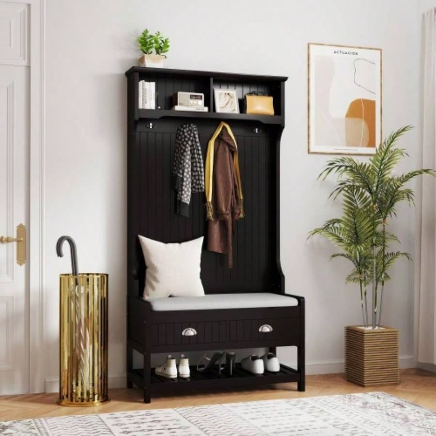3 - in - 1 Hallway Hall Tree with 2 Storage Drawer and 4 Coat Rack, Wooden Entryway Shoe Rack with Padded Cushion, Mudroom with Top Storage Shelf