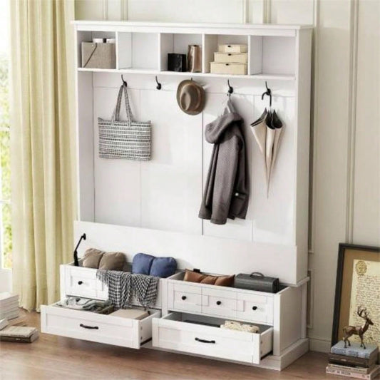 ON - TREND Elegant Wide Hall Tree with 5 Hooks, Versatile Entryway Lift Top Storage with 2 Drawers, Retro Wooden 3 - in - 1 Coat Rack with Black Handles Mudroom, Living Room, White, 59Wx74H
