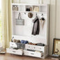 ON - TREND Elegant Wide Hall Tree with 5 Hooks, Versatile Entryway Lift Top Storage with 2 Drawers, Retro Wooden 3 - in - 1 Coat Rack with Black Handles Mudroom, Living Room, White, 59Wx74H