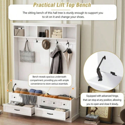 ON - TREND Elegant Wide Hall Tree with 5 Hooks, Versatile Entryway Lift Top Storage with 2 Drawers, Retro Wooden 3 - in - 1 Coat Rack with Black Handles Mudroom, Living Room, White, 59Wx74H