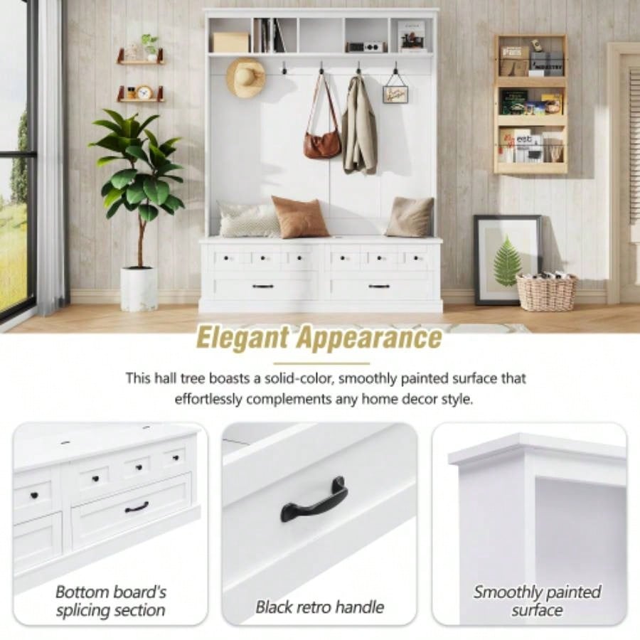 ON - TREND Elegant Wide Hall Tree with 5 Hooks, Versatile Entryway Lift Top Storage with 2 Drawers, Retro Wooden 3 - in - 1 Coat Rack with Black Handles Mudroom, Living Room, White, 59Wx74H