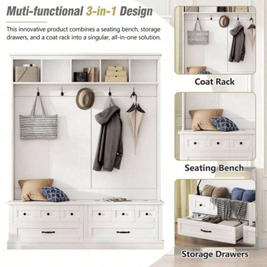 ON - TREND Elegant Wide Hall Tree with 5 Hooks, Versatile Entryway Lift Top Storage with 2 Drawers, Retro Wooden 3 - in - 1 Coat Rack with Black Handles Mudroom, Living Room, White, 59Wx74H
