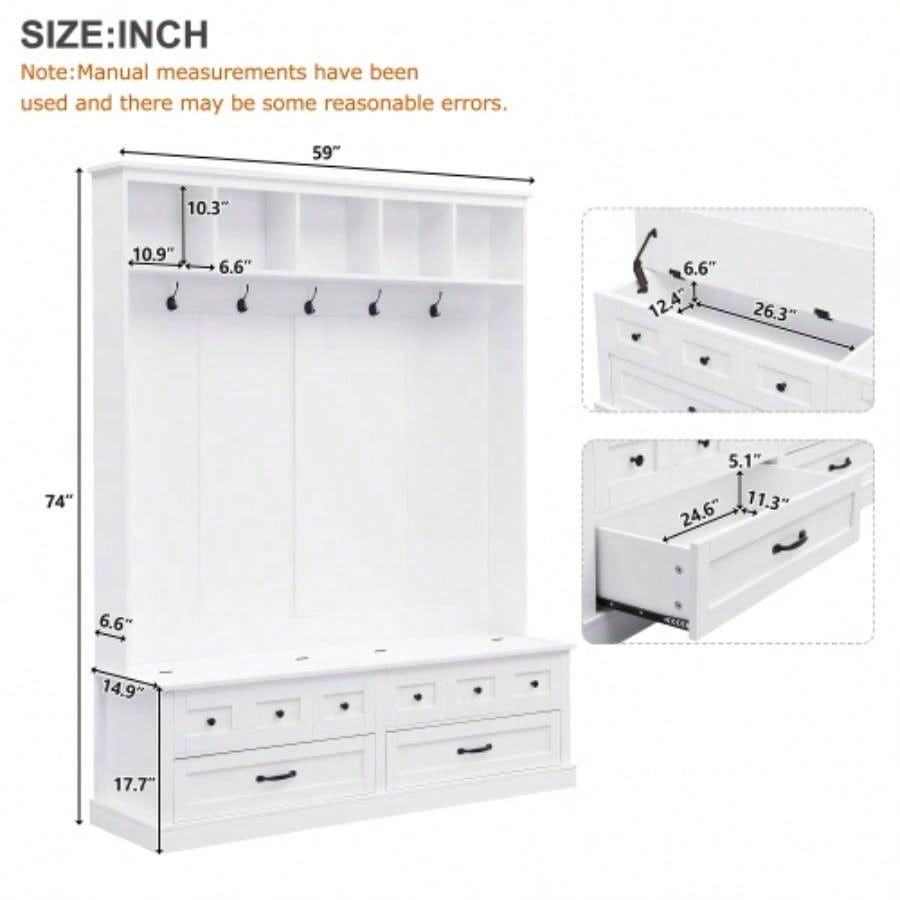 ON - TREND Elegant Wide Hall Tree with 5 Hooks, Versatile Entryway Lift Top Storage with 2 Drawers, Retro Wooden 3 - in - 1 Coat Rack with Black Handles Mudroom, Living Room, White, 59Wx74H