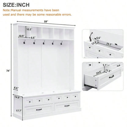 ON - TREND Elegant Wide Hall Tree with 5 Hooks, Versatile Entryway Lift Top Storage with 2 Drawers, Retro Wooden 3 - in - 1 Coat Rack with Black Handles Mudroom, Living Room, White, 59Wx74H