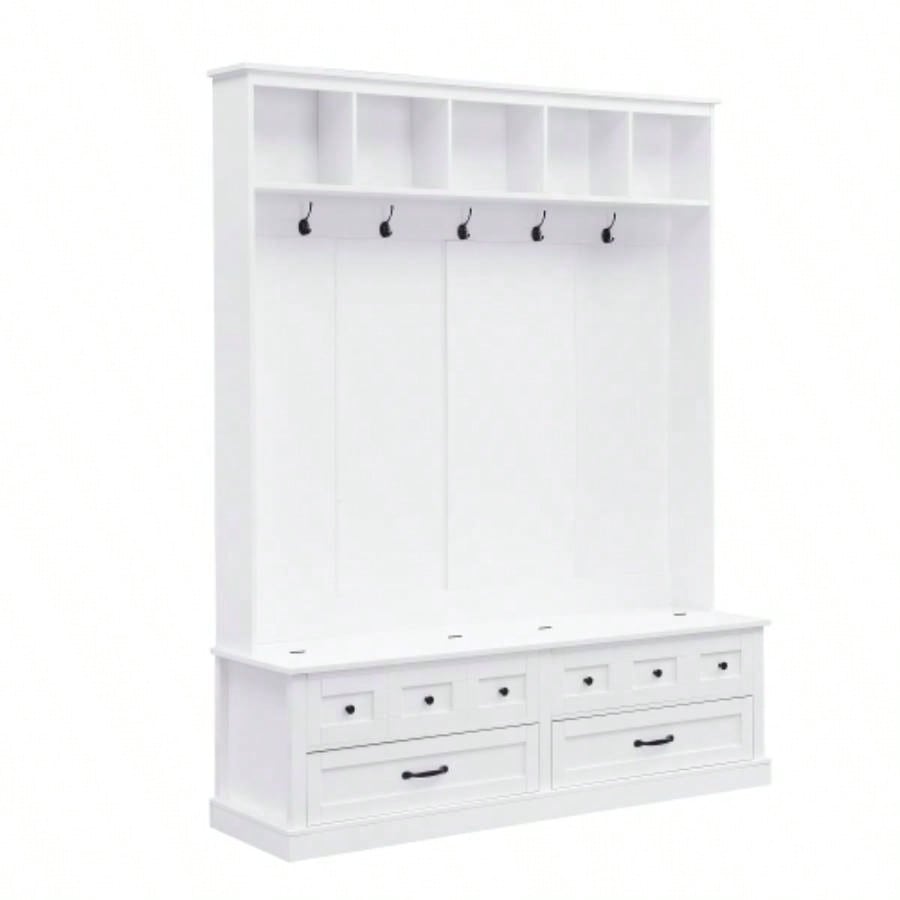 ON - TREND Elegant Wide Hall Tree with 5 Hooks, Versatile Entryway Lift Top Storage with 2 Drawers, Retro Wooden 3 - in - 1 Coat Rack with Black Handles Mudroom, Living Room, White, 59Wx74H