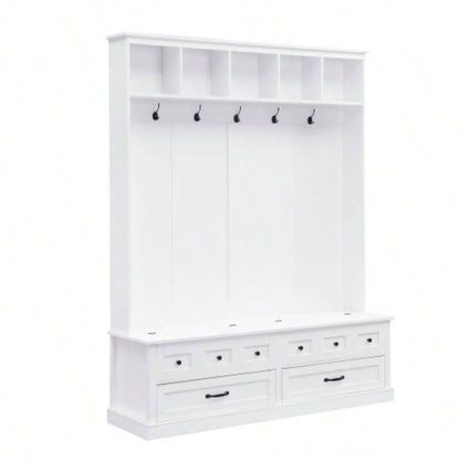 ON - TREND Elegant Wide Hall Tree with 5 Hooks, Versatile Entryway Lift Top Storage with 2 Drawers, Retro Wooden 3 - in - 1 Coat Rack with Black Handles Mudroom, Living Room, White, 59Wx74H