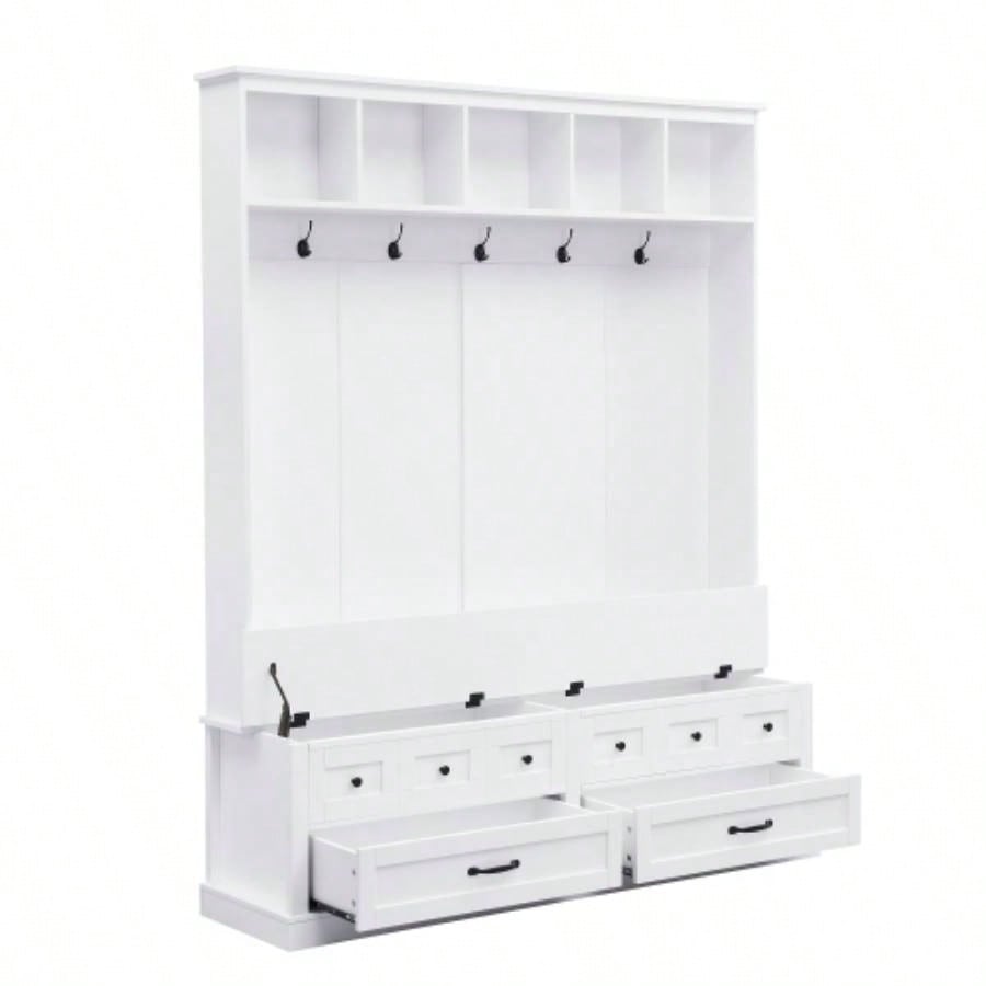 ON - TREND Elegant Wide Hall Tree with 5 Hooks, Versatile Entryway Lift Top Storage with 2 Drawers, Retro Wooden 3 - in - 1 Coat Rack with Black Handles Mudroom, Living Room, White, 59Wx74H