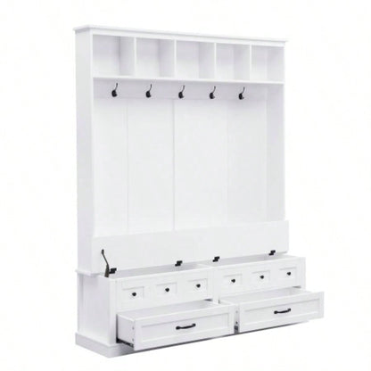 ON - TREND Elegant Wide Hall Tree with 5 Hooks, Versatile Entryway Lift Top Storage with 2 Drawers, Retro Wooden 3 - in - 1 Coat Rack with Black Handles Mudroom, Living Room, White, 59Wx74H