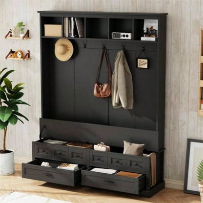 ON - TREND Elegant Wide Hall Tree with 5 Hooks, Versatile Entryway Lift Top Storage with 2 Drawers, Retro Wooden 3 - in - 1 Coat Rack with Black Handles Mudroom, Living Room, White, 59Wx74H
