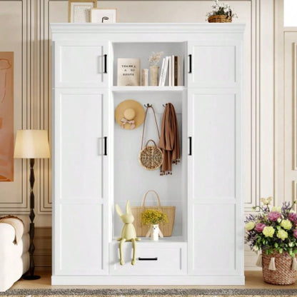 U - Can 85.2H Hall Tree with and 3 Hooks, Modern Entryway Storage Organizer Cabinet with 4 Doors, 1 Drawer and Adjustable Shelves Hallway, Entryway, Living Room