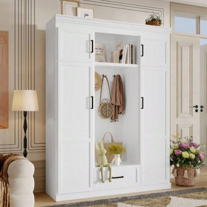 U - Can 85.2H Hall Tree with and 3 Hooks, Modern Entryway Storage Organizer Cabinet with 4 Doors, 1 Drawer and Adjustable Shelves Hallway, Entryway, Living Room