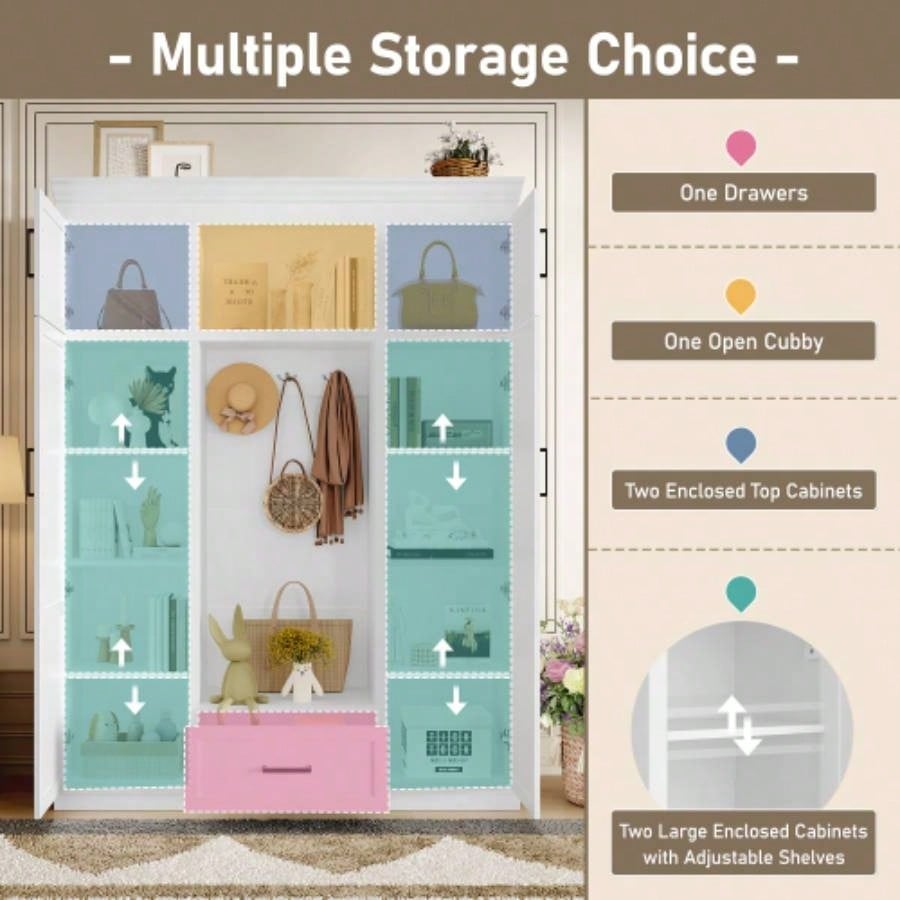 U - Can 85.2H Hall Tree with and 3 Hooks, Modern Entryway Storage Organizer Cabinet with 4 Doors, 1 Drawer and Adjustable Shelves Hallway, Entryway, Living Room