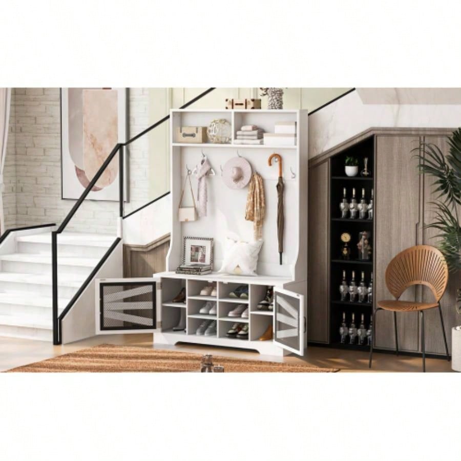 U - Can 43.3 Entryway with Coat Rack, 3 - in - 1 Design and Adjustable Shelves, Hall Tree with Hooks Entrance, Living Room