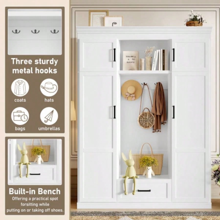 U - Can 85.2H Hall Tree with and 3 Hooks, Modern Entryway Storage Organizer Cabinet with 4 Doors, 1 Drawer and Adjustable Shelves Hallway, Entryway, Living Room