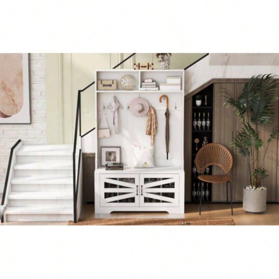 U - Can 43.3 Entryway with Coat Rack, 3 - in - 1 Design and Adjustable Shelves, Hall Tree with Hooks Entrance, Living Room