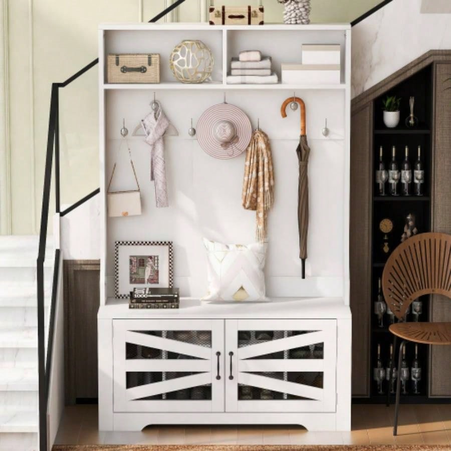 U - Can 43.3 Entryway with Coat Rack, 3 - in - 1 Design and Adjustable Shelves, Hall Tree with Hooks Entrance, Living Room