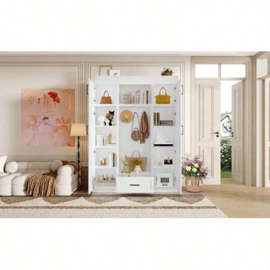 U - Can 85.2H Hall Tree with and 3 Hooks, Modern Entryway Storage Organizer Cabinet with 4 Doors, 1 Drawer and Adjustable Shelves Hallway, Entryway, Living Room